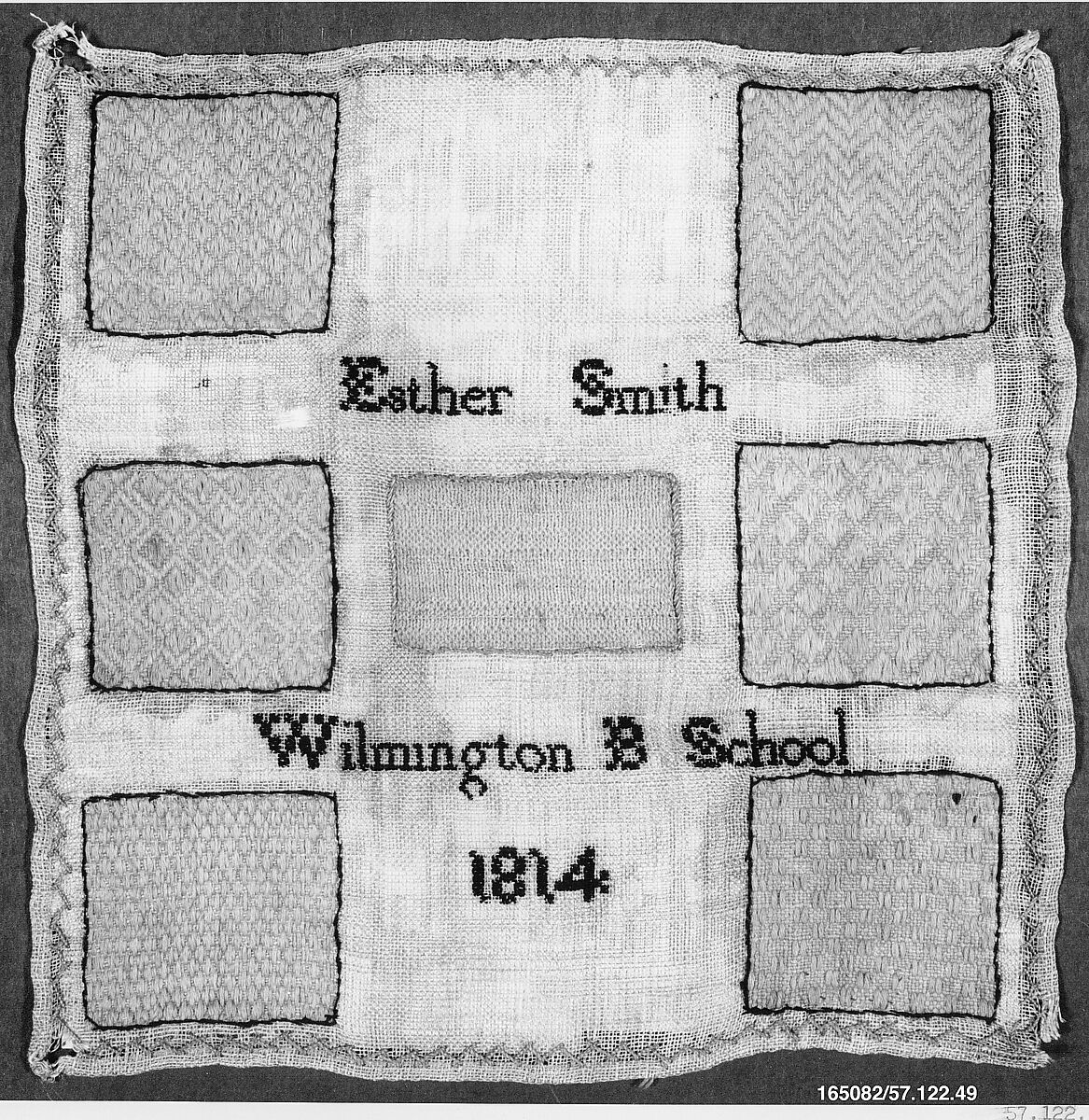 Darning sampler, Esther Smith, Cotton, wool and silk embroidery on linen, American