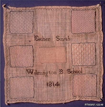 Darning sampler, Esther Smith, Cotton, wool and silk embroidery on linen, American 