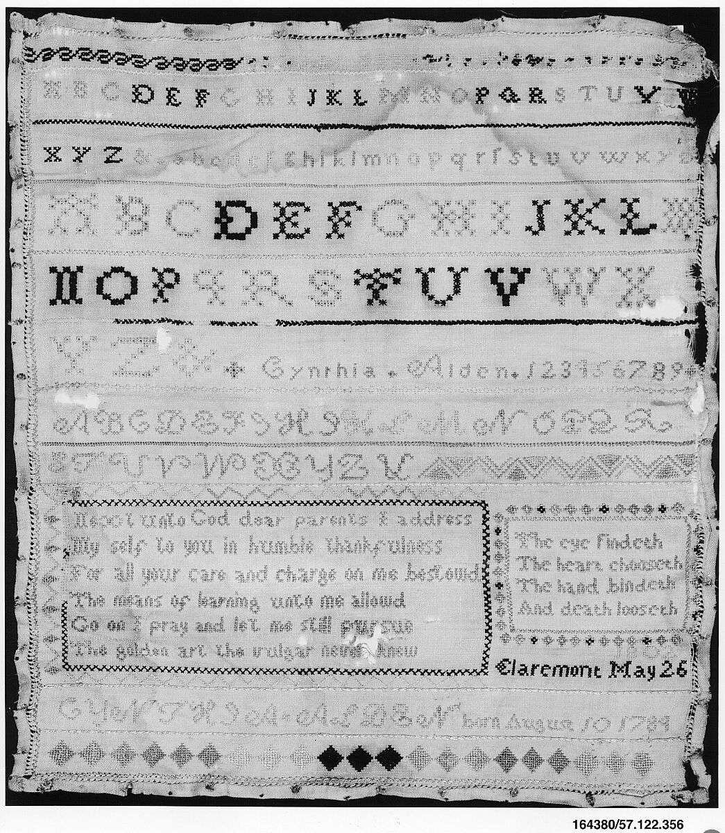 Embroidered sampler, Cynthia Alden (born 1784), Silk on linen, embroidered, American