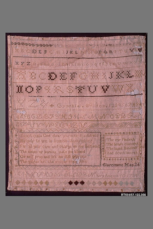 Embroidered sampler, Cynthia Alden (born 1784), Silk on linen, embroidered, American 