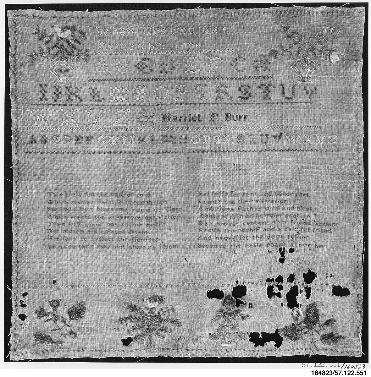 Embroidered sampler, Harriet F. Burr (born 1794), Silk on linen, embroidered, American 