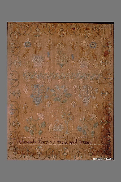 Embroidered sampler, Amanda Harper (born ca. 1805), Silk embroidered on linen, American 