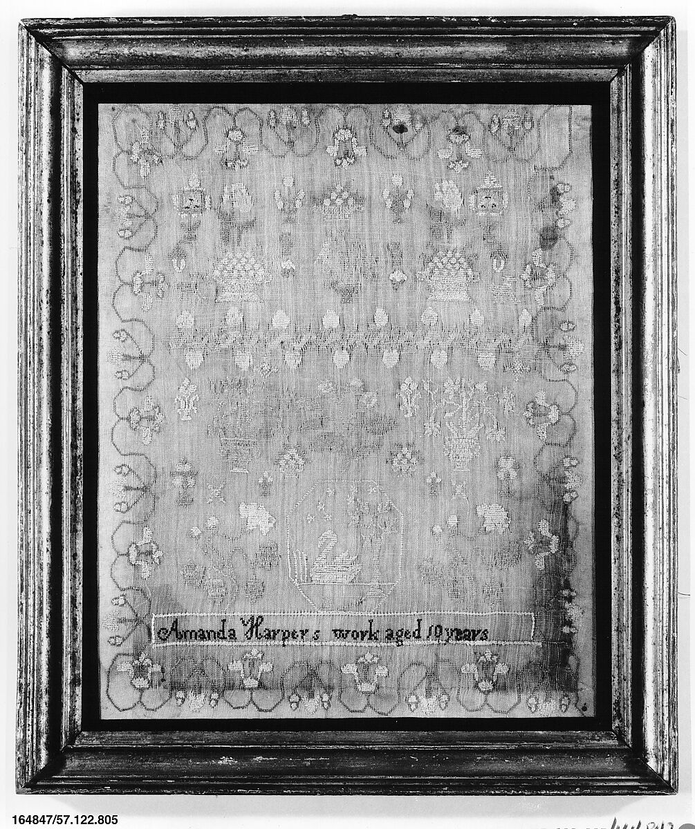 Embroidered sampler, Amanda Harper (born ca. 1805), Silk embroidered on linen, American