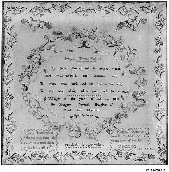 Sampler made at the Moorestown Friends School, Margaret Schanck (born 1790), Silk on linen, American