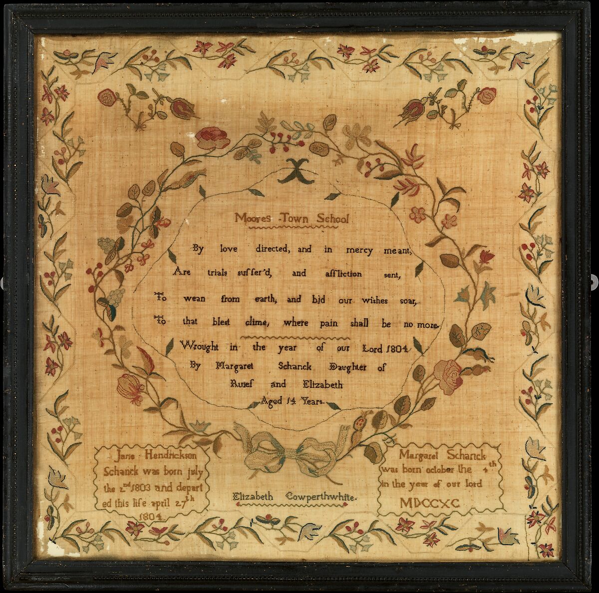 Sampler made at the Moorestown Friends School, Margaret Schanck (born 1790), Silk on linen, American 