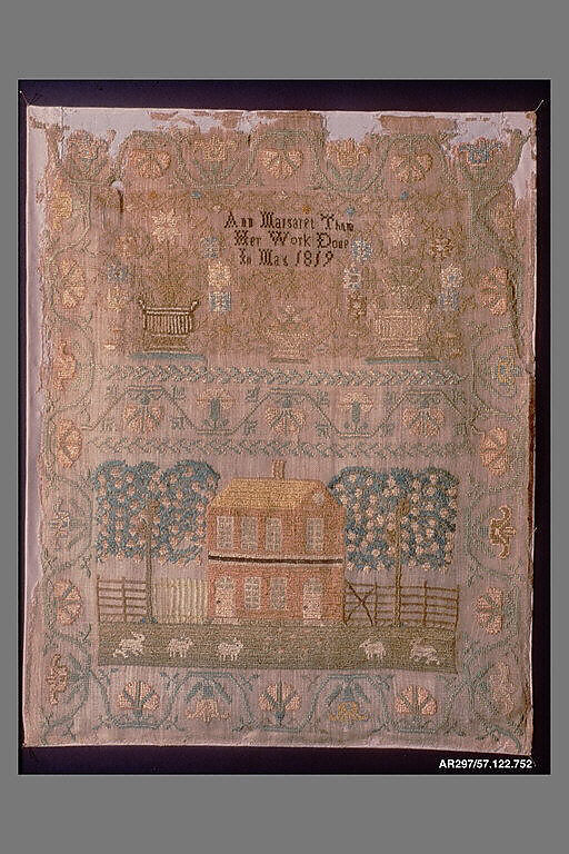 Embroidered sampler, Ann Margaret Thum, Silk on linen, embroidered, American 