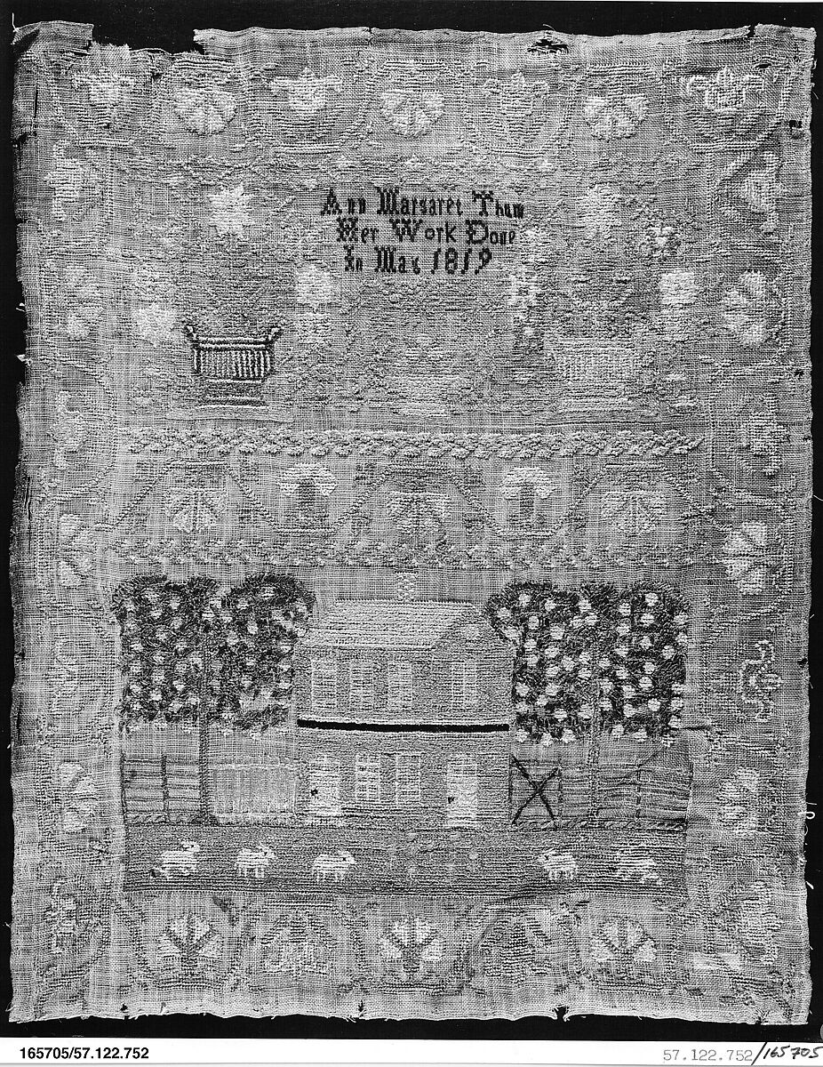 Embroidered sampler, Ann Margaret Thum (American, 1810–1883), Silk embroidery on linen, American