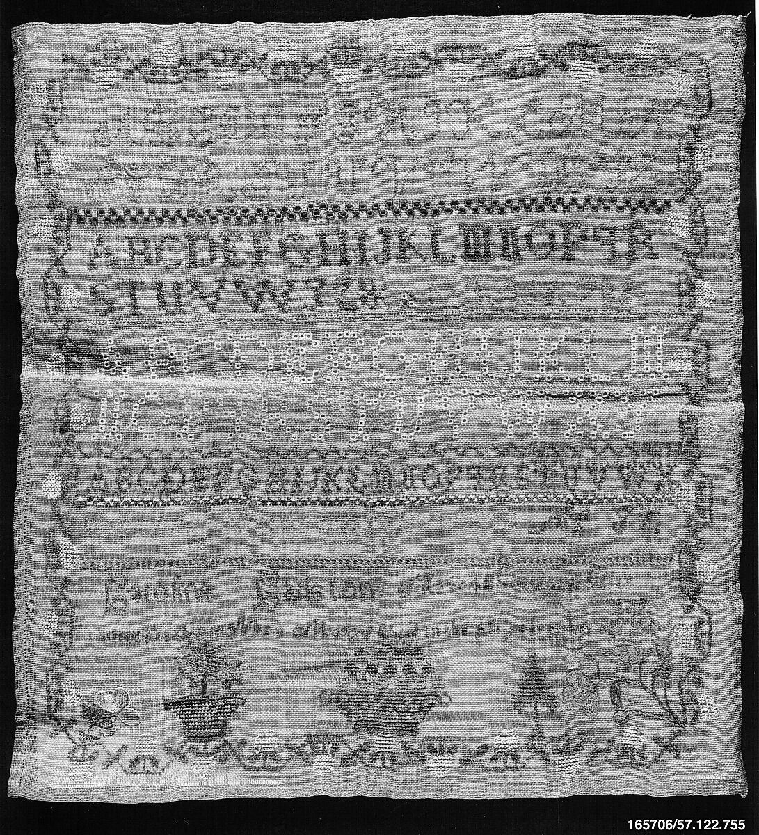 Embroidered sampler, Caroline Carleton (American, 1810–1845), Silk on linen, embroidered, American