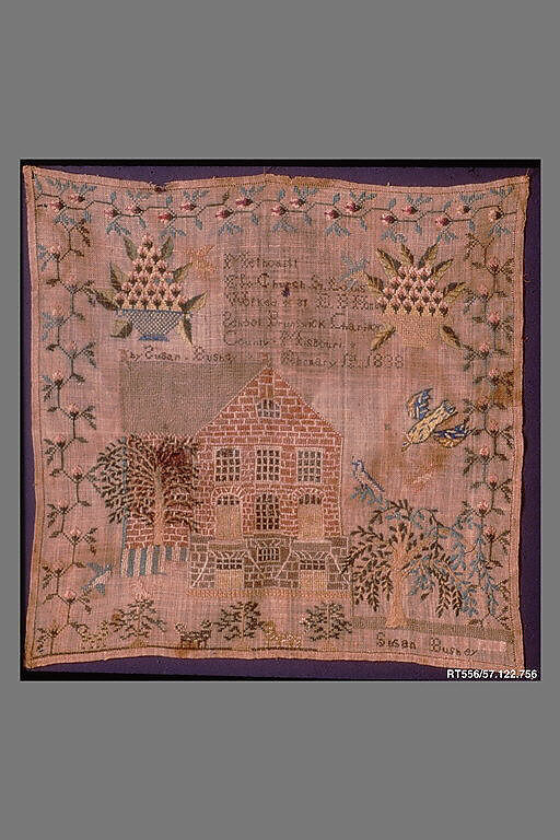 Embroidered sampler, Susan Bushey, Linen embroidered with silk, American