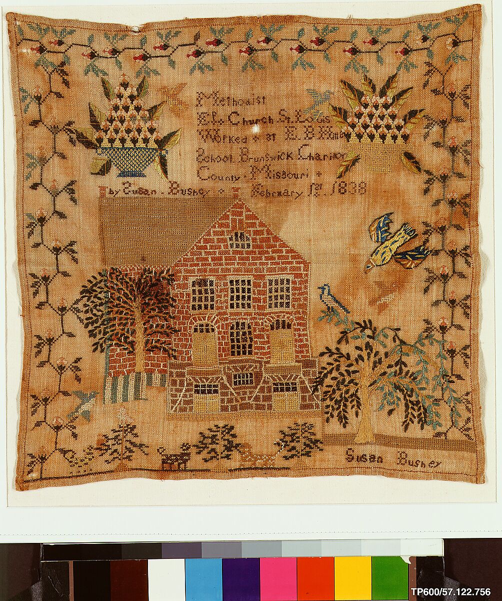 Embroidered sampler, Susan Bushey, Linen embroidered with silk, American