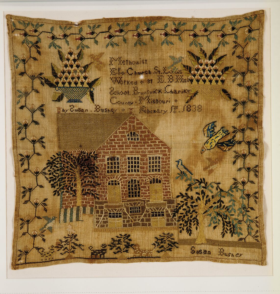 Embroidered sampler, Susan Bushey, Linen embroidered with silk, American 
