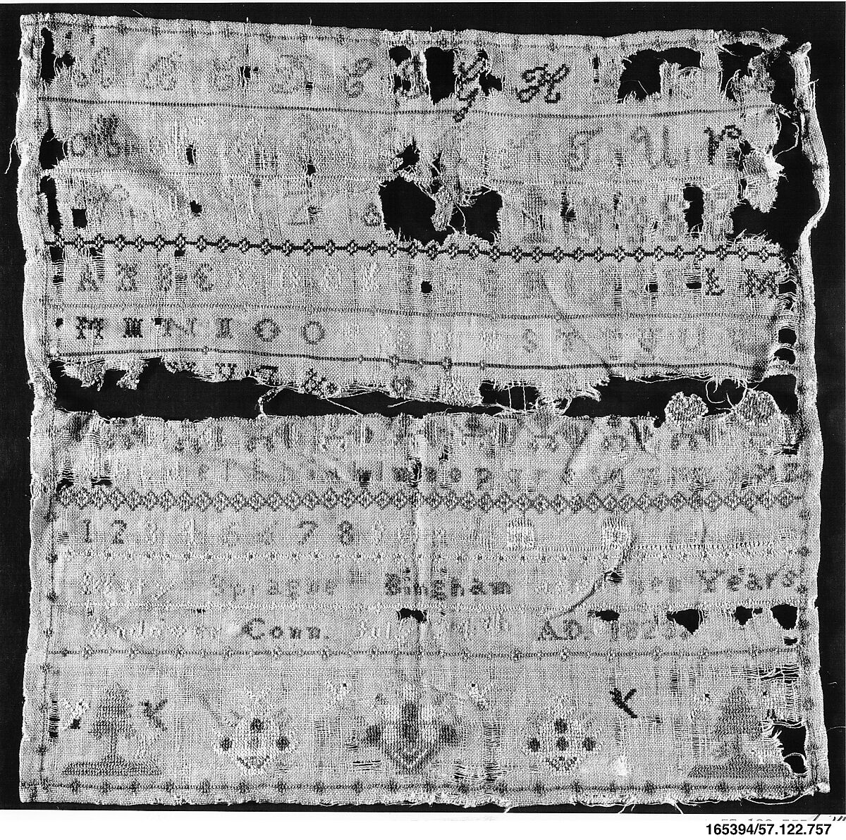 Embroidered sampler, Mary Sprague Bingham (born 1813), Silk embroidered with silk, American 
