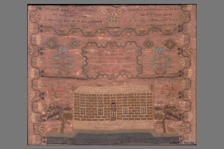 Embroidered sampler, Mary Bower (1796–1816), Linen embroidered with silk, American 