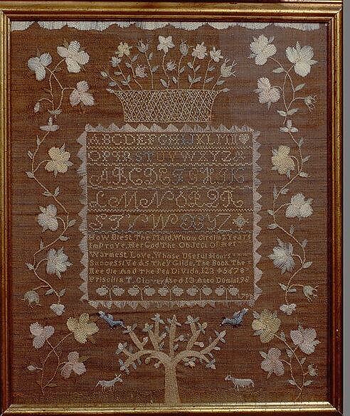 Embroidered Sampler, Priscilla T. Glover (born ca. 1785), Embroidered silk on linen/wool, American 