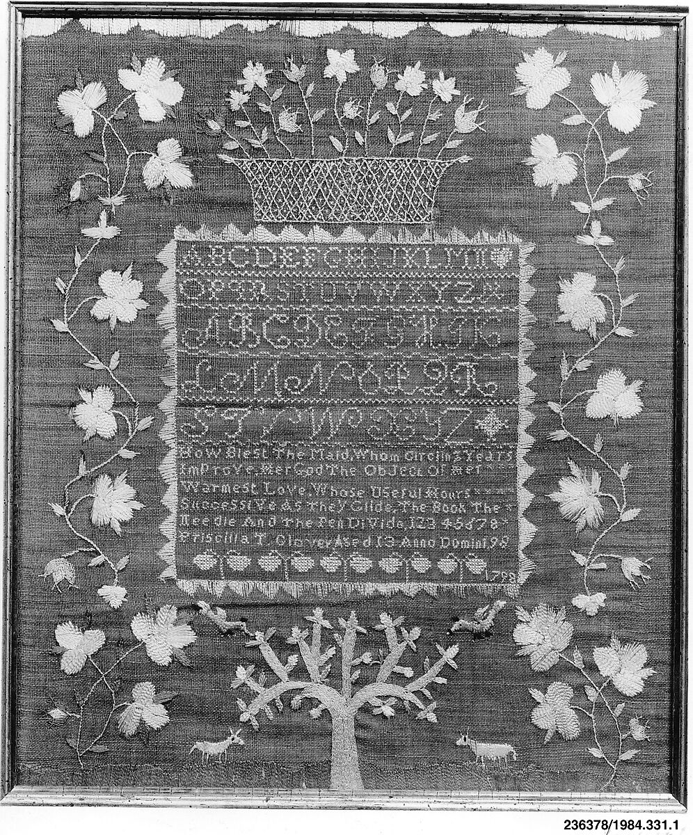 Embroidered Sampler, Priscilla T. Glover (born ca. 1785), Embroidered silk on linen/wool, American