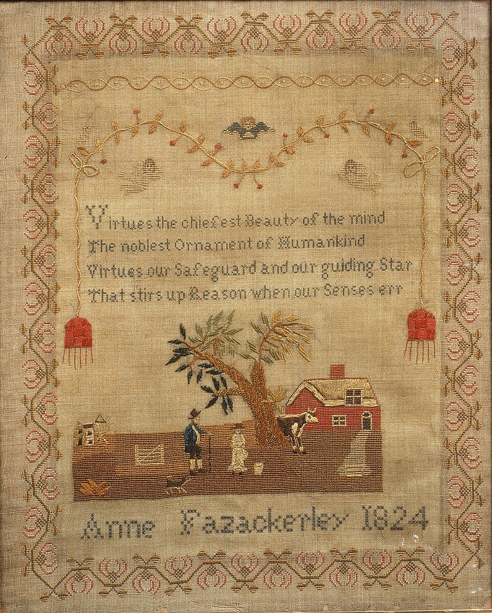Embroidered Sampler, Anne Fazackerley (born 1811), Embroidered silk and chenille on wool, British 