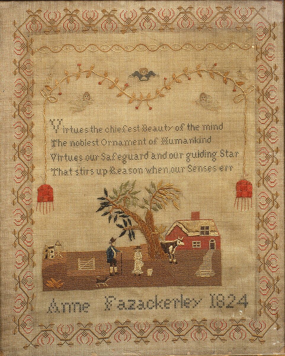 Embroidered sampler, Anne Fazackerley (born 1811), Embroidered silk and chenille on wool, British 