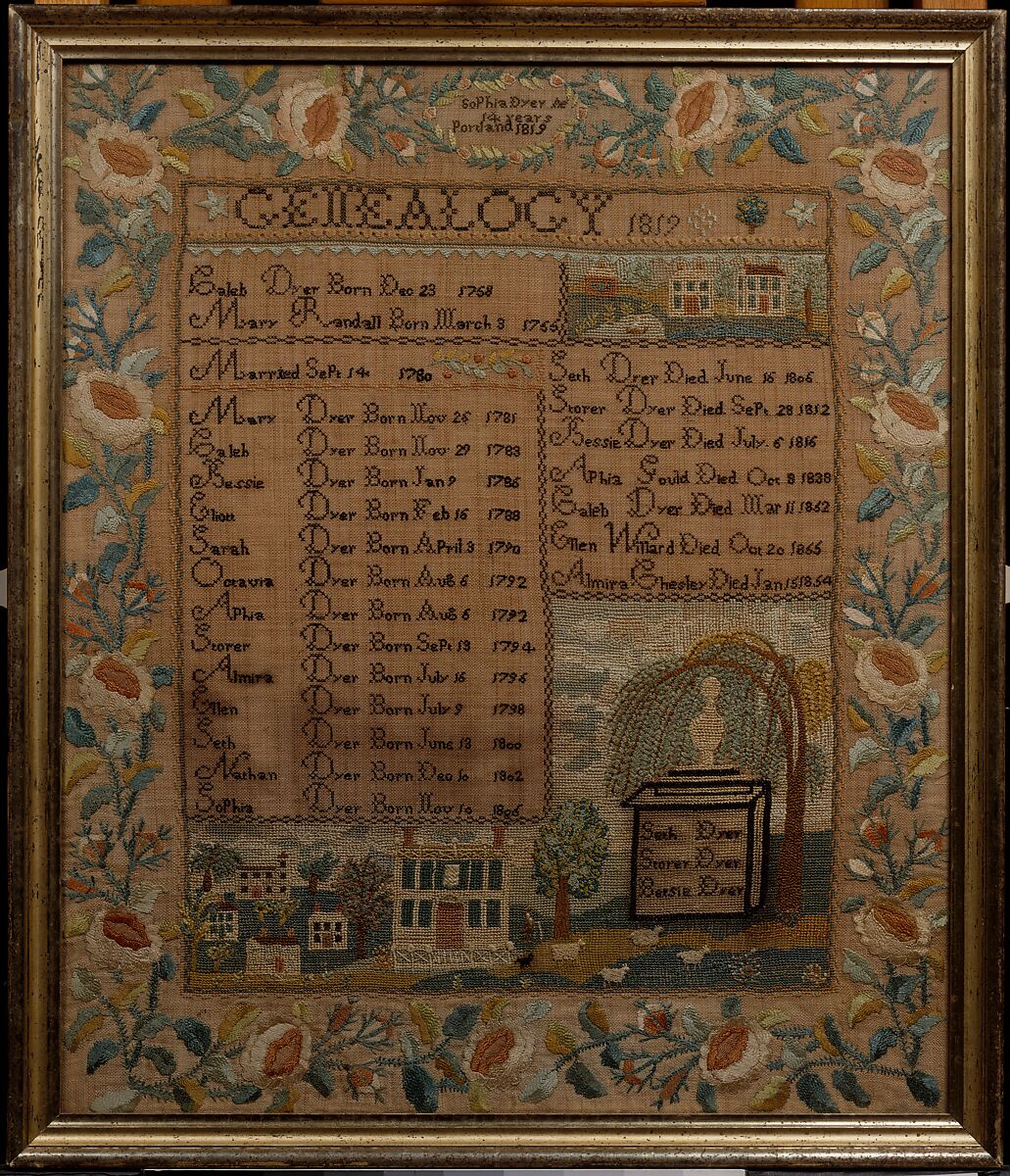 Embroidered Sampler, Sophia Dyer (born 1805), Silk on linen, American 