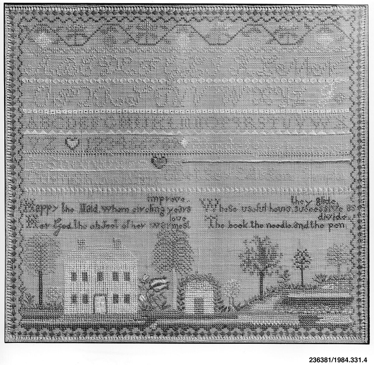 Embroidered Sampler, Betsey Alden (1805–1832), Embroidered silk on linen, American
