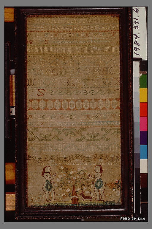 Sampler, Ruth Rogers (American, 1731–1749), Silk embroidery on linen, American