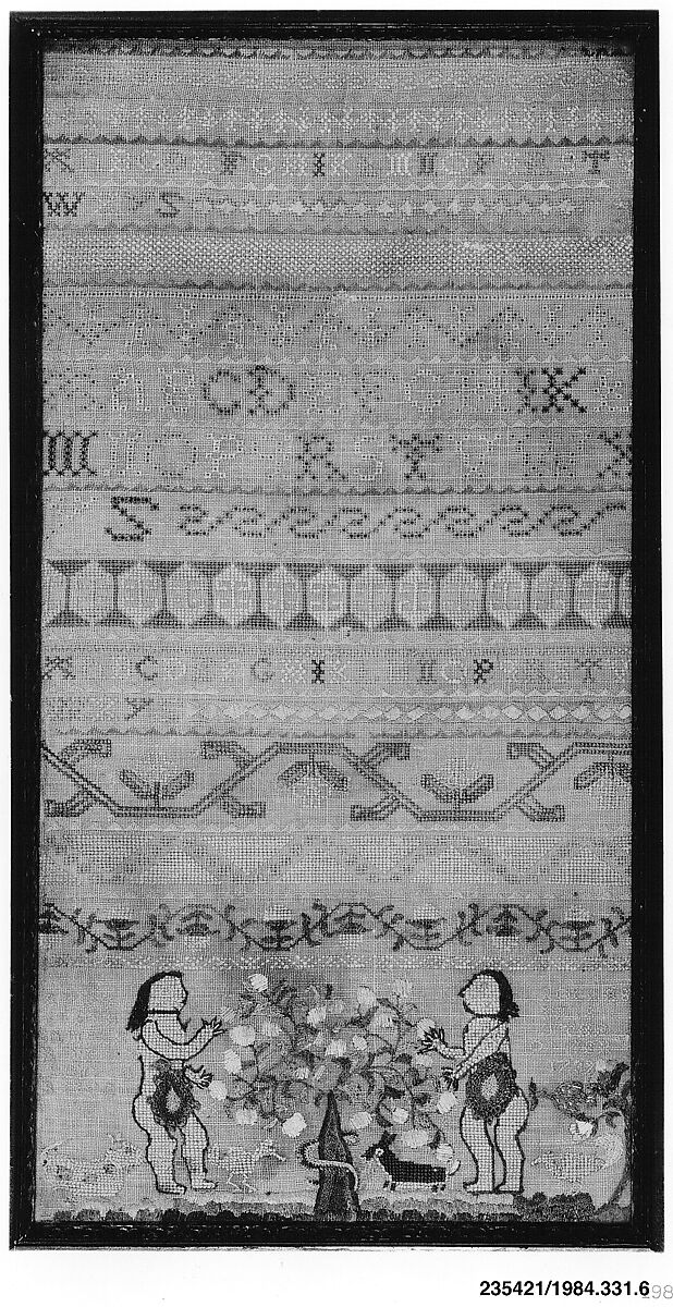 Sampler, Ruth Rogers (American, 1731–1749), Silk embroidery on linen, American