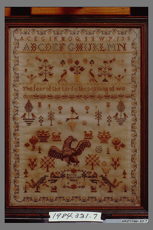 Embroidered sampler, Hannah Bloomfield (born 1813), Embroidered silk on wool, British 