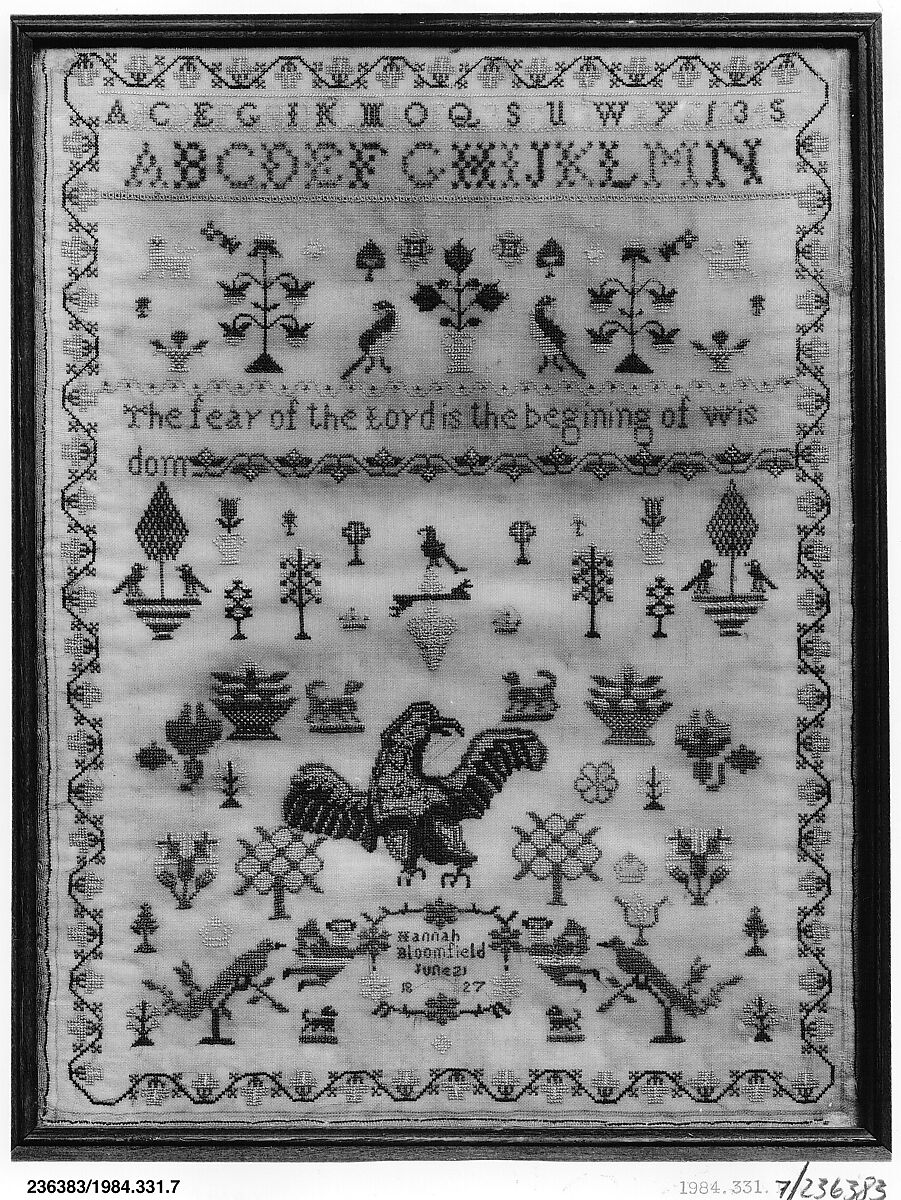 Embroidered sampler, Hannah Bloomfield (born 1813), Embroidered silk on wool, British