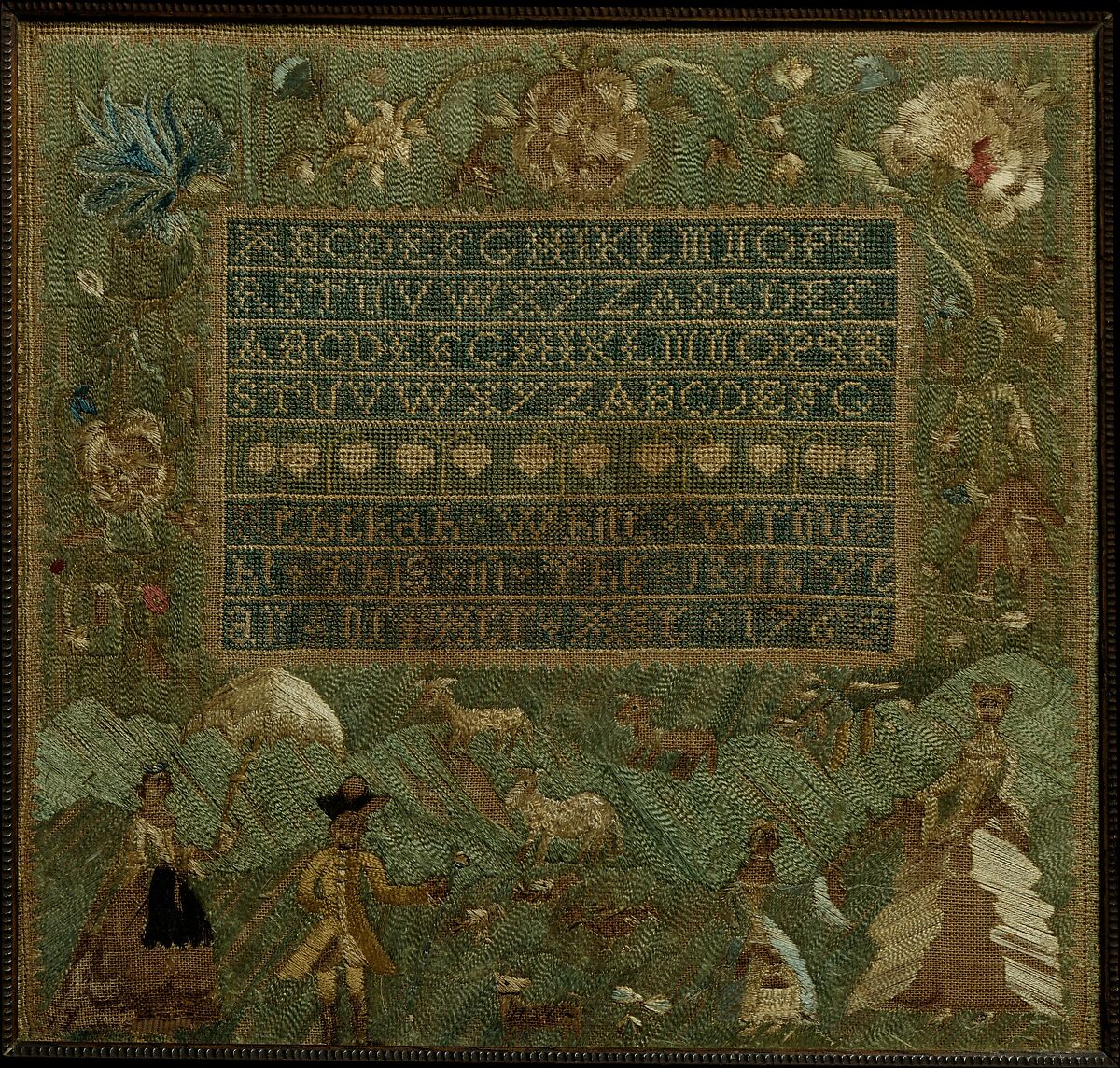 Embroidered Sampler, Rebekah White (1753–1823), Silk embroidery on linen, American 