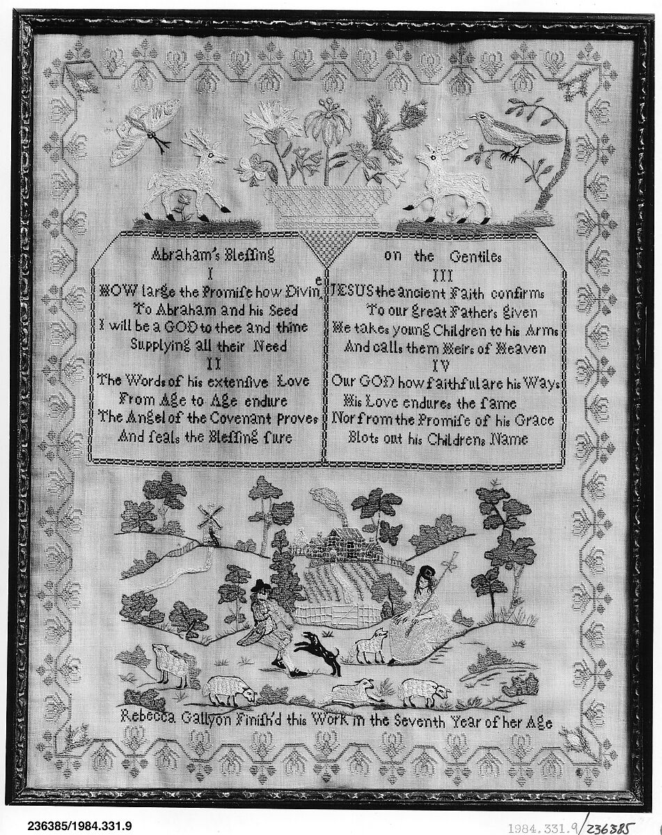 Embroidered sampler, Rebecca Gallyon, Embroidered silk on wool, British