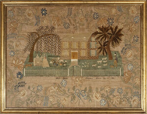 Embroidered Sampler, Mary Davis, Silk and silk chenille on linen, American 