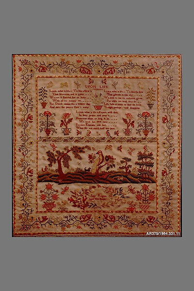 Embroidered sampler, Jane Rogers, Embroidered silk on wool, British 