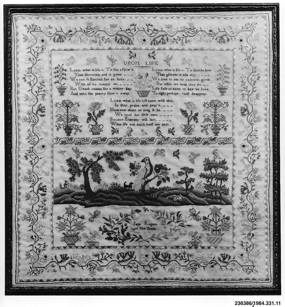Embroidered sampler, Jane Rogers, Embroidered silk on wool, British