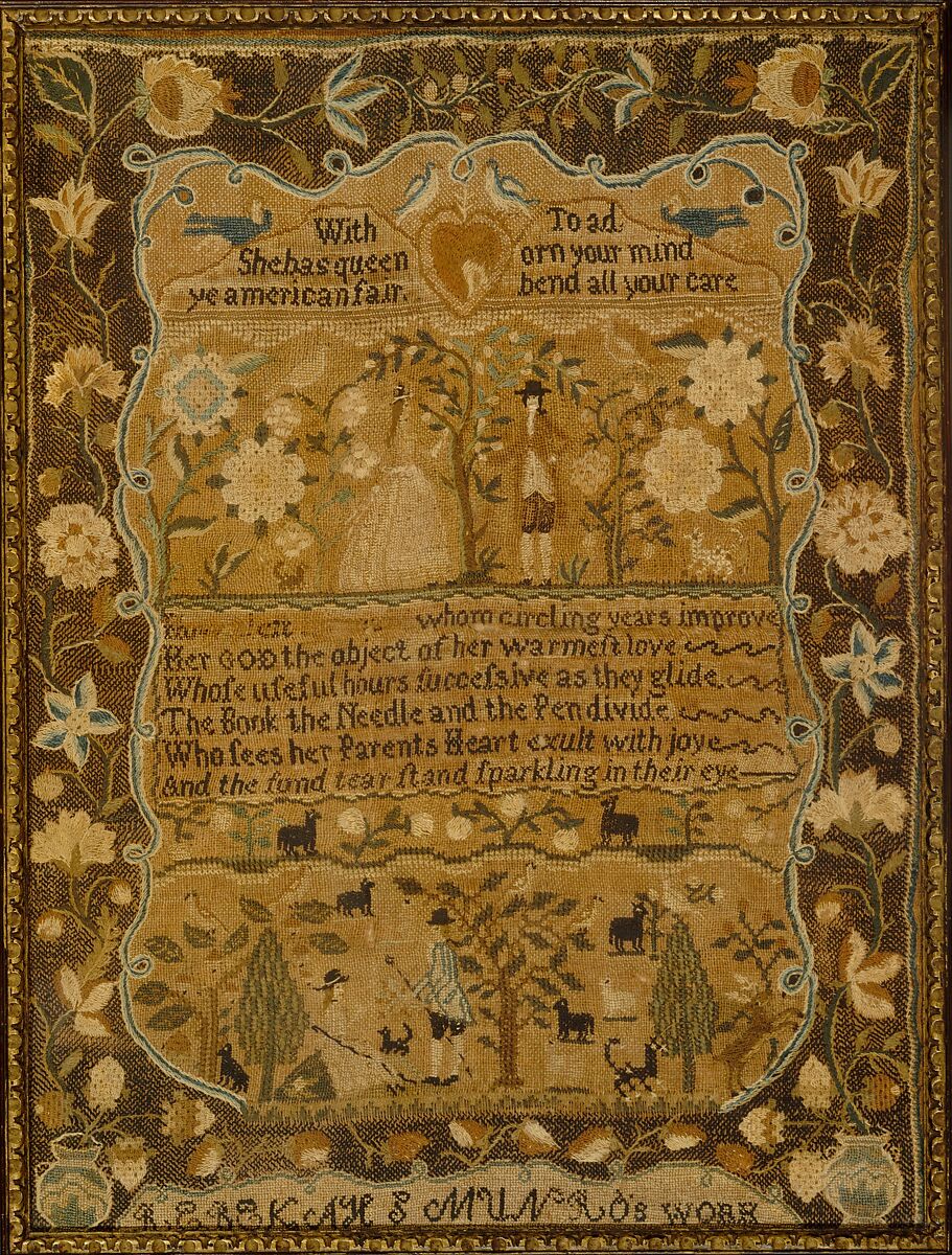 Embroidered sampler, Rebekah S. Munro (1780–1803), Silk embroidery on linen, American 