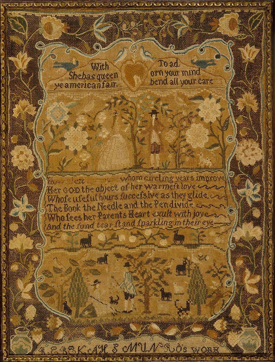 Sampler, Rebekah S. Munro (1780–1803), Silk embroidery on linen, American 