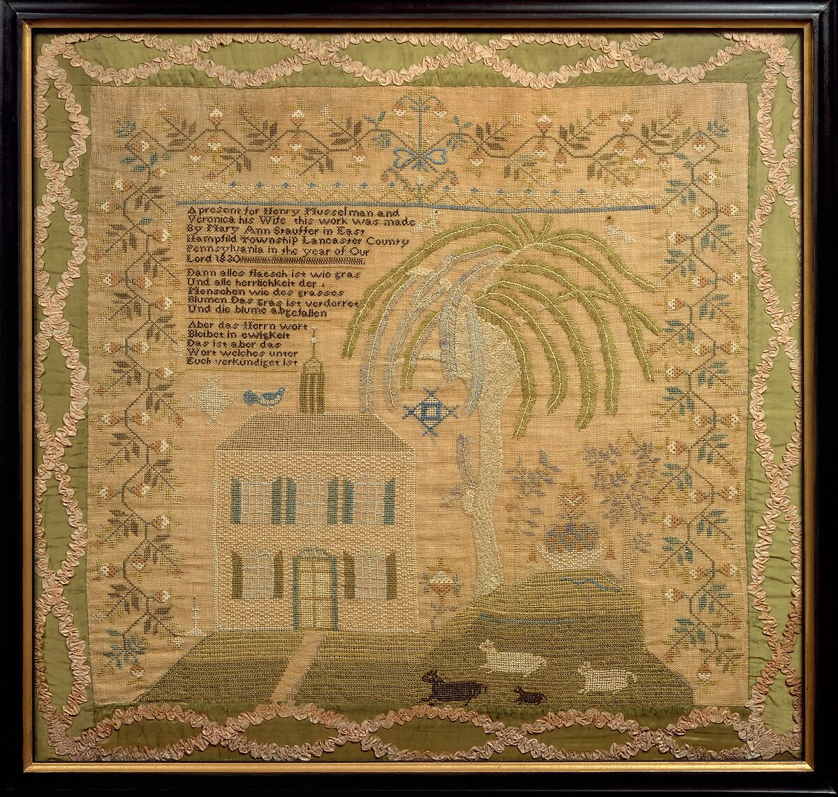 Embroidered Sampler, Mary Ann Stauffer (1811–1891), Embroidered silk on linen, American 