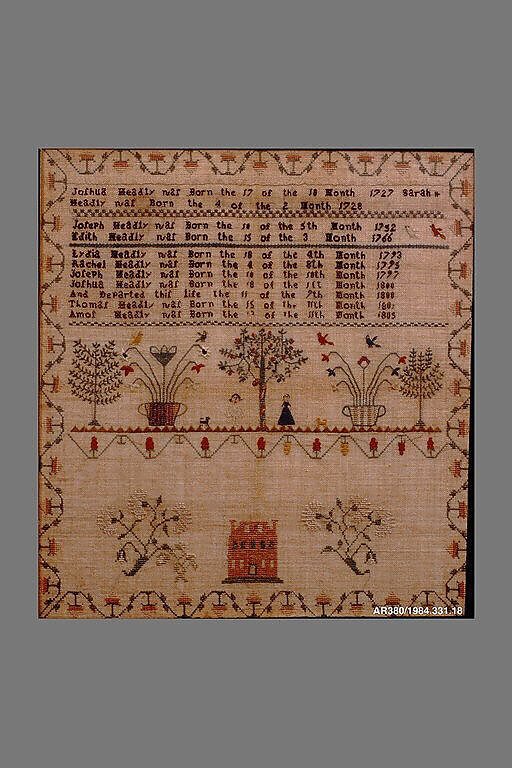 Embroidered Sampler, Lydia Headly (born 1793), Embroidered silk on linen, American 