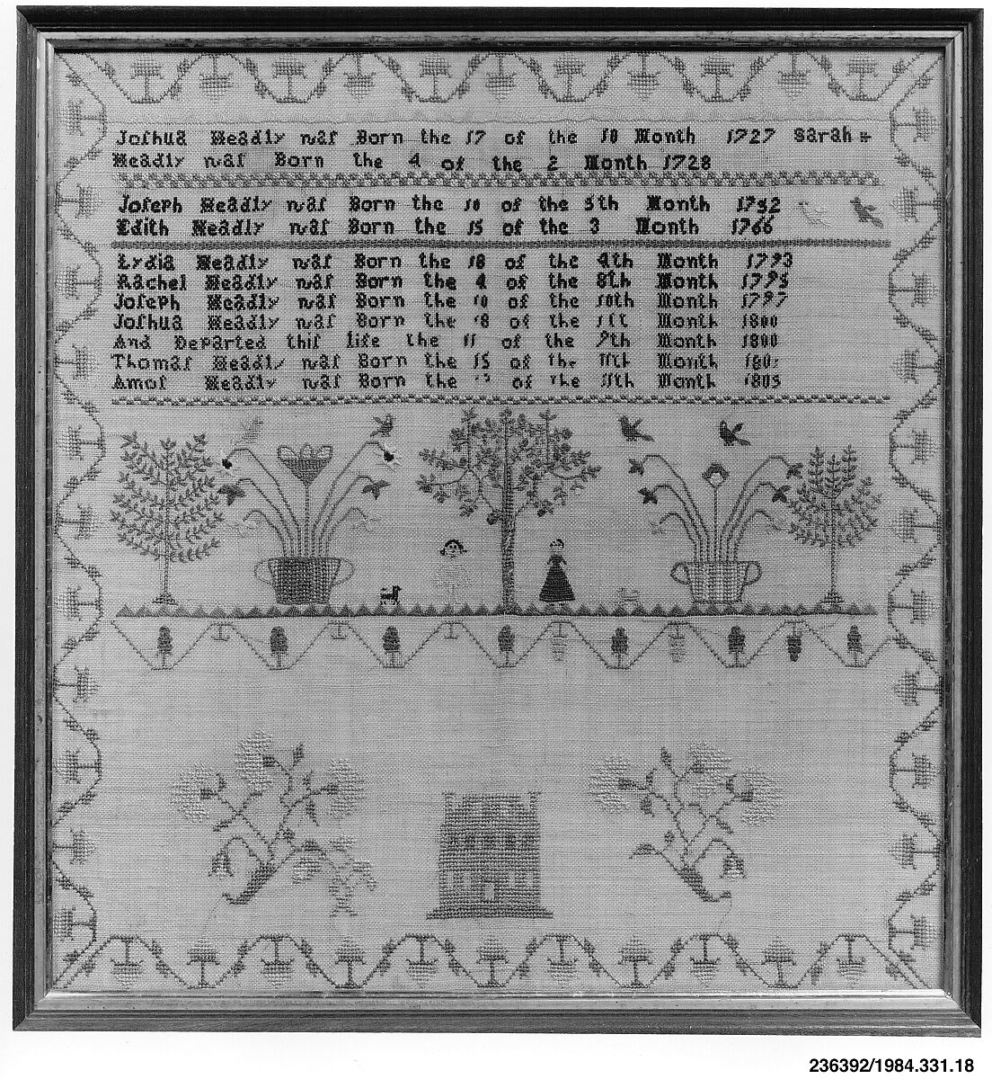 Embroidered Sampler, Lydia Headly (born 1793), Embroidered silk on linen, American