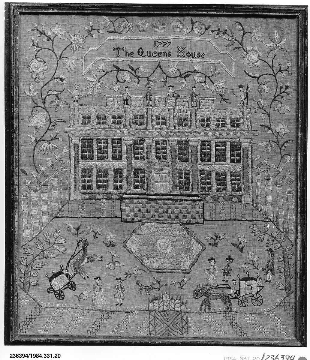 Embroidered sampler of the Queen's House, Greenwich, Silk on linen, British 