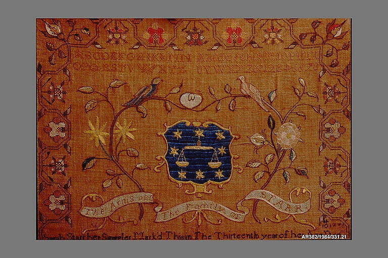 Embroidered Sampler: Starr Coat of Arms, Sarah Starr (born ca. 1760), Embroidered silk on linen, American 