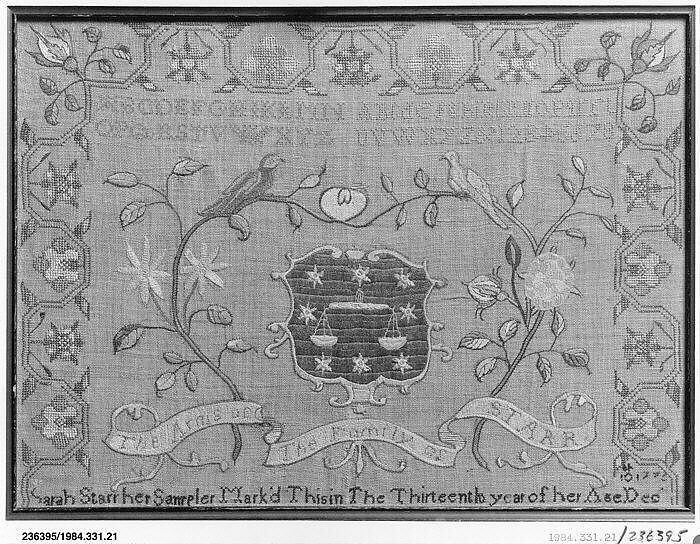 Embroidered Sampler: Starr Coat of Arms, Sarah Starr (born ca. 1760), Embroidered silk on linen, American