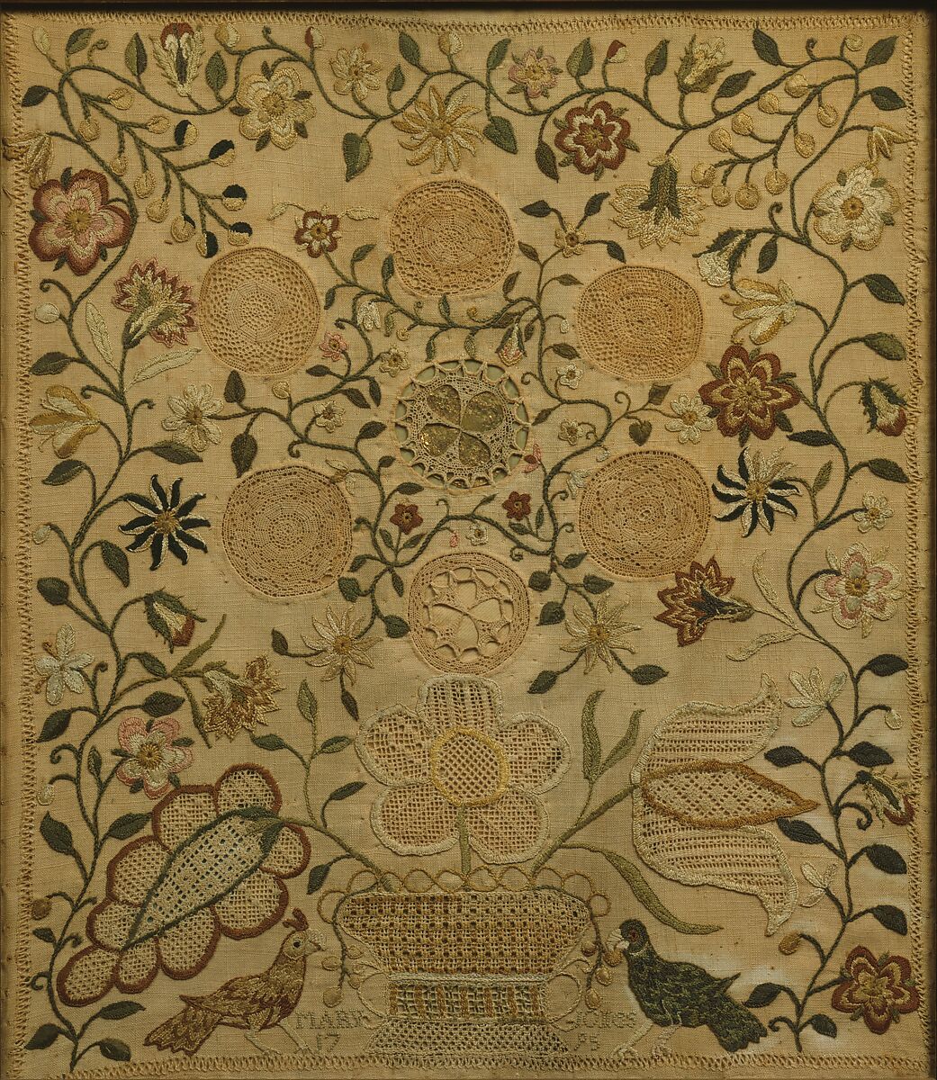 Sampler, Mary Jones  American, Linen embroidered with silk and cotton, with paper and gold leaf, American