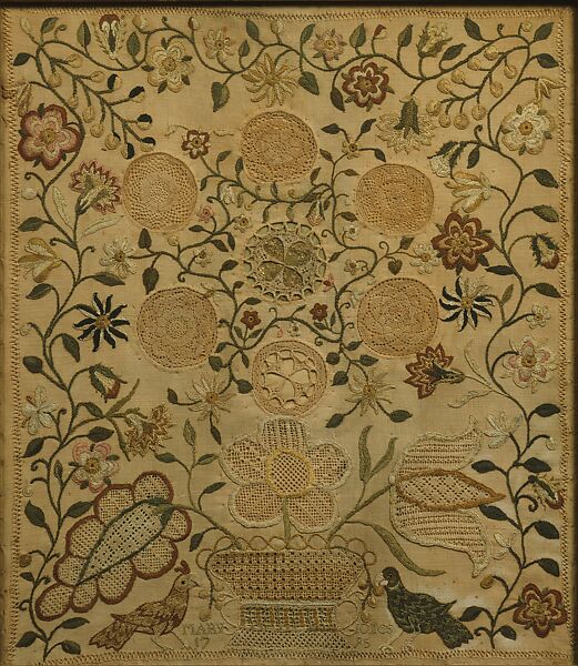 Embroidered Sampler, Mary Jones, Embroidered silk and linen, with gold leaf, on linen, American 