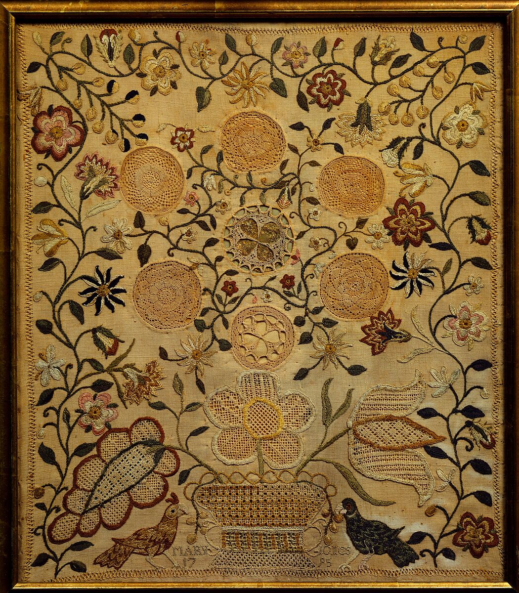 Sampler, Mary Jones (American, 1783–1858), Linen embroidered with silk and cotton, with paper and gold leaf, American