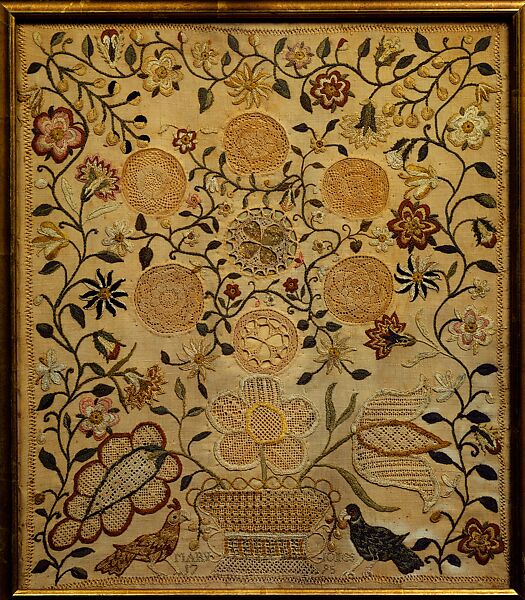 Embroidered Sampler, Mary Jones, Embroidered silk and linen, with gold leaf, on linen, American