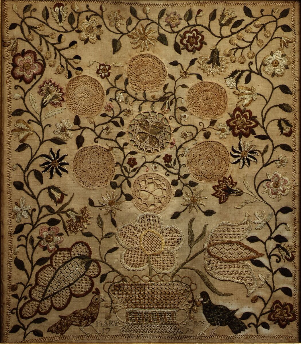 Sampler, Mary Jones (American, 1783–1858), Linen embroidered with silk and cotton, with paper and gold leaf, American