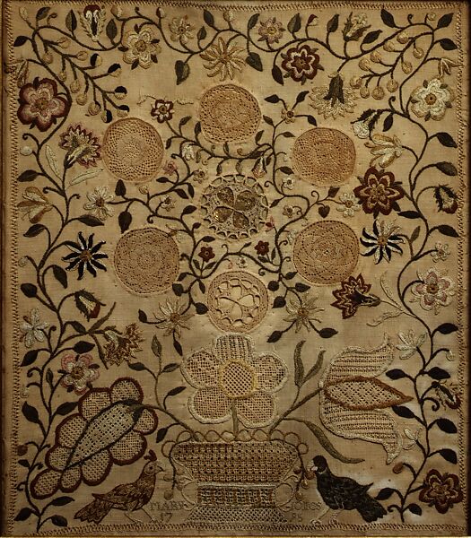 Embroidered Sampler, Mary Jones, Embroidered silk and linen, with gold leaf, on linen, American