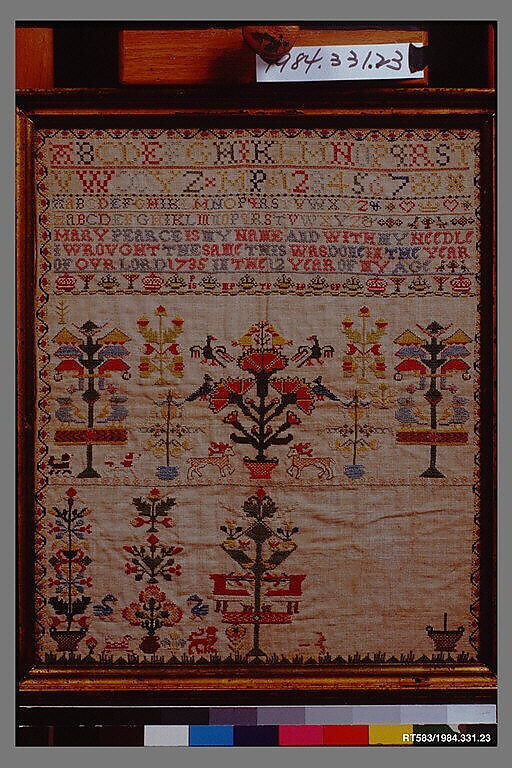 Embroidered sampler, Mary Pearce (born ca. 1722), Embroidered silk on linen, British 