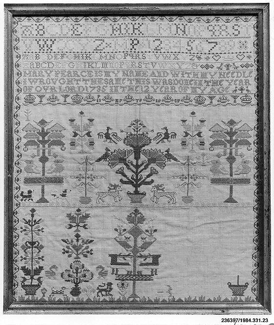 Embroidered sampler, Mary Pearce (born ca. 1722), Embroidered silk on linen, British