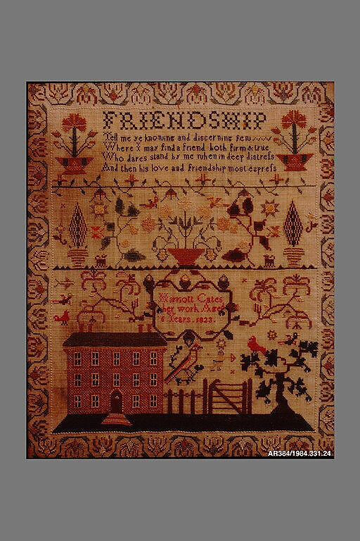 Embroidered sampler, Harriott Cates (born ca. 1817), Embroidered silk on wool, British 