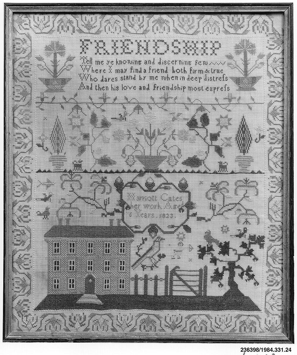 Embroidered sampler, Harriott Cates (born ca. 1817), Embroidered silk on wool, British